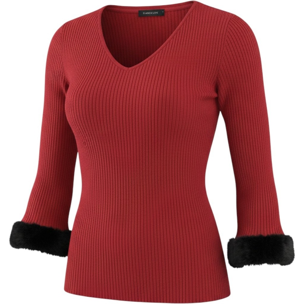 Harold's Red Silk Blend Ribbed V-Neck Sweater‎ Faux Fur Cuffs XS